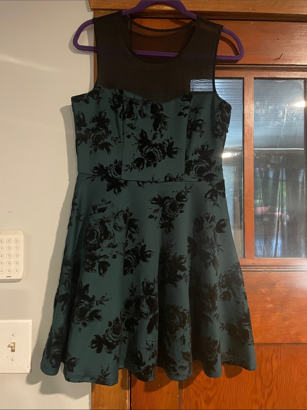 Juniors Green Floral Fit-and-Flare Dress with Sheer Neckline
